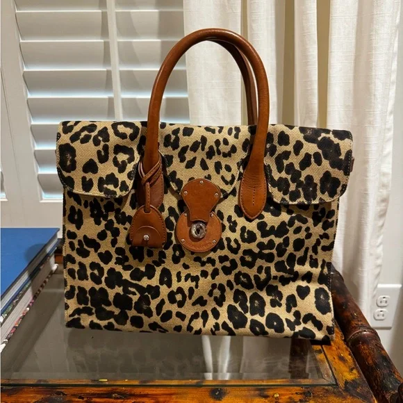 Ralph Lauren Leopard Print Canvas Tote Bag with Brown Accents - Picture 1 of 13